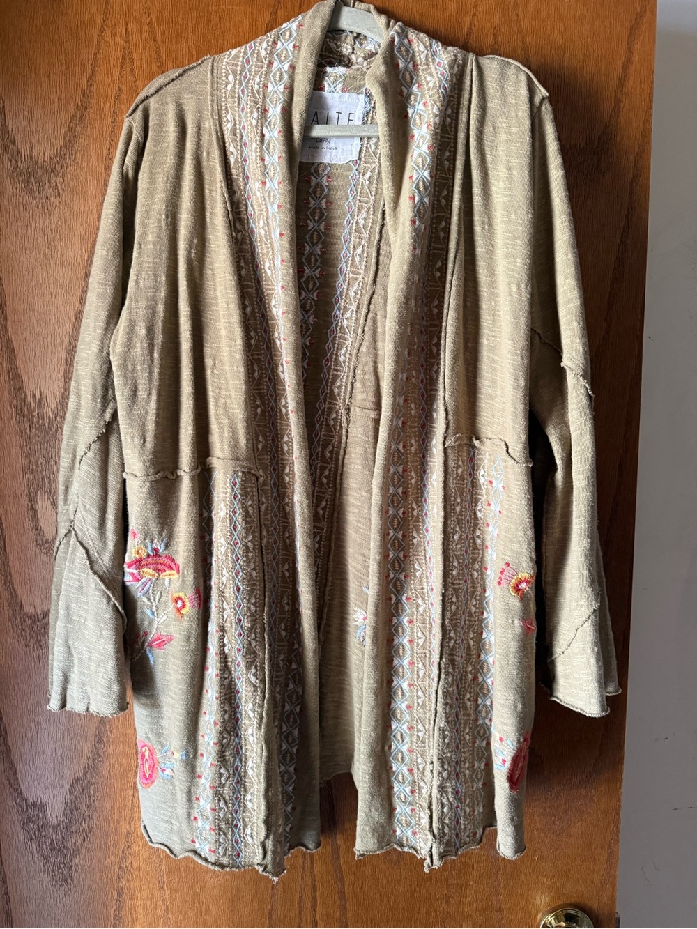 Caite Olive Embroidered Open-Front Cardigan